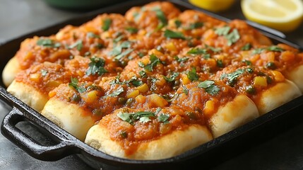 Delicious baked bread rolls topped with tomato and vegetable sauce