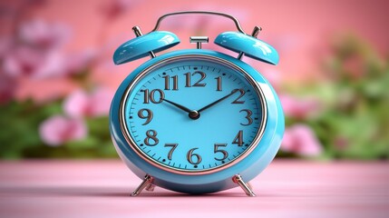 Blue alarm clock, time, pink background, floral bokeh, morning routine