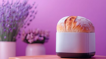 Against a soft lavender background, a compact digital bread maker stands with a freshly baked loaf inside, representing homemade comfort.