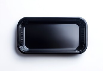 A black tray on a white background, with a smooth reflective surface and rounded edges, minimalist and modern style, soft lighting, exuding a clean and elegant feel.