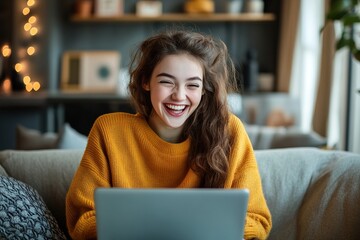 Funny virtual conversation. Cheerful laughing young girl relax on sofa at living room on weekend having fun chatting with friend by video call using notebook talk communicate online in conference app