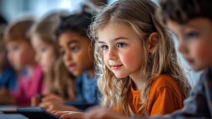 A group of children in a classroom participating in an interactive lesson with educational tools and technology
