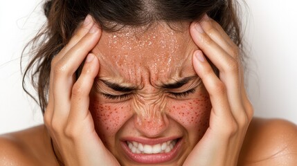 Fototapeta premium Asian woman experiencing face irritation, scratching itchy red spots with a distressed look, isolated on white.