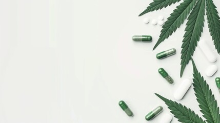 Fresh cannabis leaves with medical capsules arranged on white background with free copy space for text. Medical concept