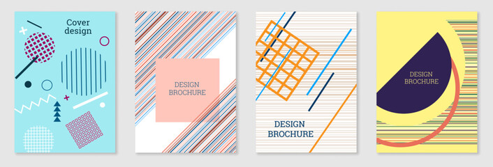 Set of cover design in Memphis style. Geometric design, abstract background. Fashionable bright cover, banner, poster, booklet. Creative colors.