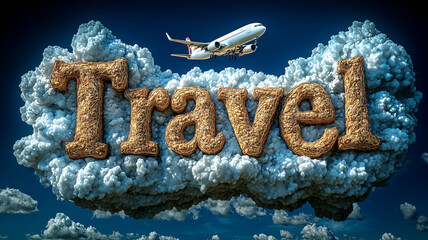 Airplane gliding above fluffy clouds with the word Travel below