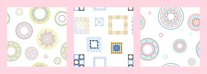 Seamless pattern of geometric shapes. Bright seamless pattern. Set of 3 patterns. Design for fabric, wallpaper, wrapping paper. Vector