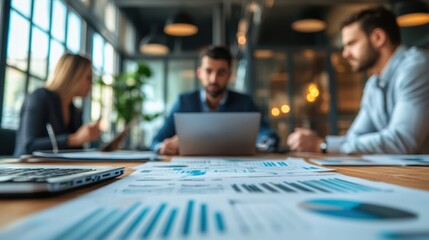A business executive reviewing financial reports in a boardroom, with a laptop and financial documents on the table, discussing with colleagues