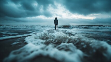 Solitude at the Shoreline: A Person Contemplates the Tumultuous Sea