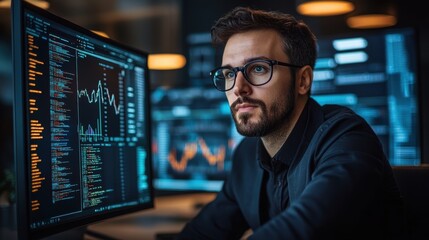 Fototapeta premium A data scientist analyzing big data on a computer screen, with graphs, charts, and algorithms visible, in a high-tech office environment