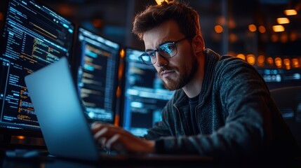 A cybersecurity expert working on a laptop, reviewing security threats and data protection measures on digital screens in a secure office