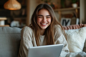 Funny virtual conversation. Cheerful laughing young girl relax on sofa at living room on weekend having fun chatting with friend by video call using notebook talk communicate online in conference app