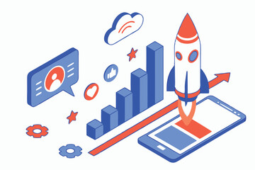 95 Digital marketing concept, social media icons, rocket launch, smartphone, growth chart, 3D illustration, isometric design, vibrant colors, blue and orange palette, floating elements, cloud-like bac