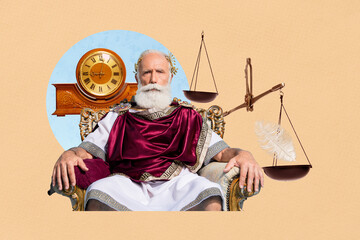 Exclusive sketch collage of serious old man rome king sit throne jurisdiction scales comparison feather time regime prehistoric era