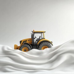 Naklejka premium Yellow tractor with snow plow on white surface, wind turbine on white background 