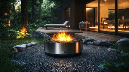 Modern fire pit on patio, forest background, relaxing evening scene, home decor