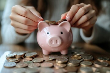 Savings and economy. Cropped close up young woman drop cash money in coins to cute toy piggybank. Investing finance online making safe e-bank deposit easy managing of trust fund using notebook concept