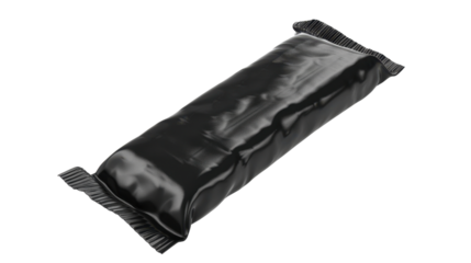 Flow pack packaging is floating and rotating, showing its black glossy finish