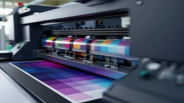 Modern industrial printer producing high-quality colorful prints in a professional printing facility.
