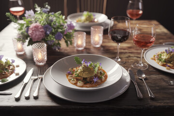 Elegant Gourmet Dinner Setting with Fresh Floral Centerpiece and Wine in Warm Candlelight