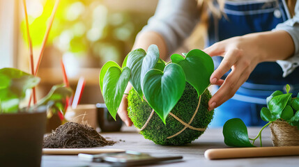 Asian female arranging indoor plant in sunlit home environment