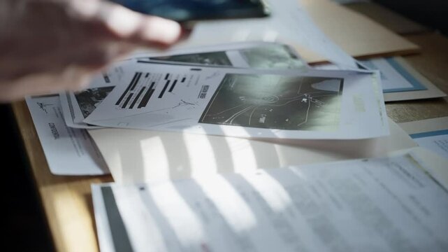 Spy or secret agent leans over desk cluttered with confidential documents, snapping photos with smartphone. Espionage, covert intelligence gathering, photographing classified information files