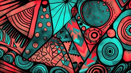 Abstract Doodle Background in Coral and Teal with Geometric Patterns and Vivid Colors under Natural Light