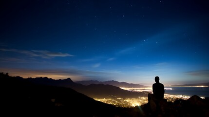 Silhouetted Person Gazing at Night City Lights and Stars