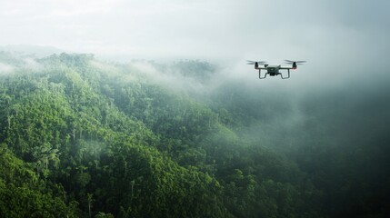 Fototapeta premium An AI powered drone monitoring endangered species in remote habitats, vast wilderness with real-time animal tracking and environmental data analysis, Conservation technology style