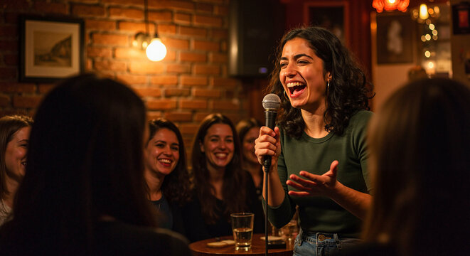 Woman laughing while performing stand-up comedy in a cozy bar  