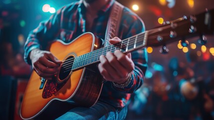 Obraz premium A musician playing an acoustic guitar on stage, with stage lights, instruments, and a live audience in the background