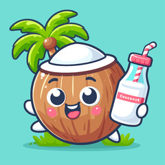 A cartoon coconut holding a bottle of coconut milk