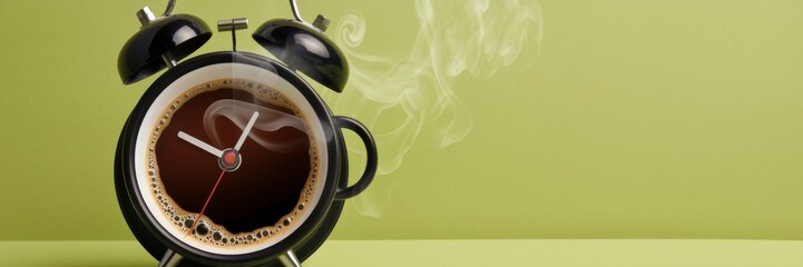 Creative photo of an alarm clock with a black coffee cup instead of the traditional clock face. The background is made in bright green. A banner with space for the text.