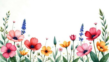 Delicate watercolor wildflowers in a repeating border print , nature pattern, print, floral