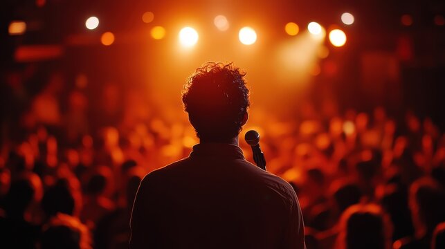 A comedian performing on stage, making the audience laugh, with a microphone, spotlight, and a crowd enjoying the performance