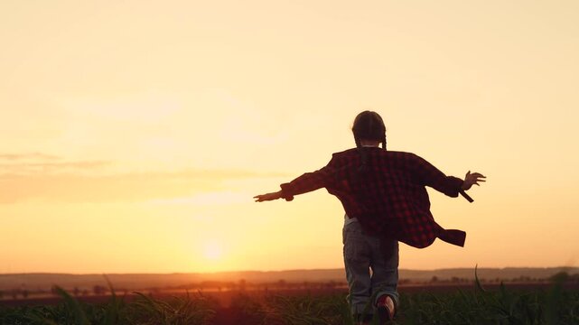 silhouette child farmer daughter runs playing field sunset, agriculture, playing airplane pilot agricultural field, little girl runs rubber boots through corn sprouts, children dream happy family