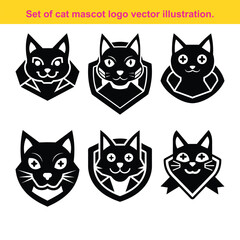 Set of black and white cat face mascot logo emblem vector illustration.