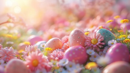 Joyful Easter Celebration in Vibrant 3D Rendering: Bird's Eye View with Dynamic Range and Rule of Thirds Composition