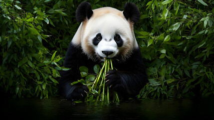 Fototapeta premium Panda Eating Bamboo By Water In Forest