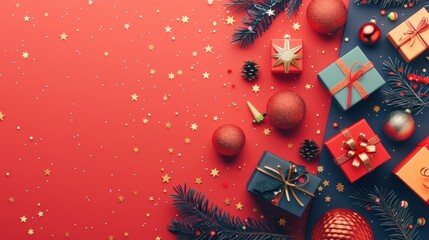Festive Holiday Greetings in Flat Design with Selective Color Pop and Warm Ambient Light, High Angle Shot with Negative Space