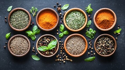 Assorted Spices and Herbs in Clay Bowls Arranged on Dark Countertop for Culinary Use