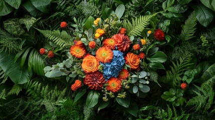 Vibrant floral arrangement amongst lush greenery