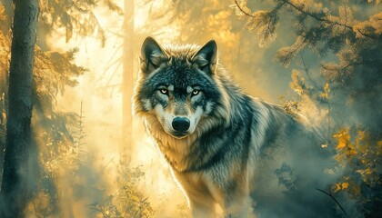 A gray wolf standing in a forest, blurred woodland background, sunlight filtering through the treetops casting golden light