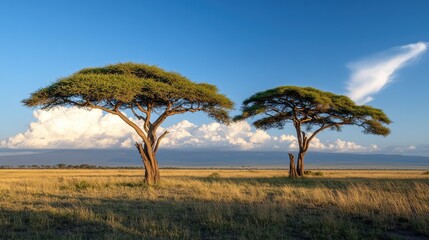 Obraz premium The golden glow of the setting sun illuminates acacia trees in the Amboseli savannah, casting long shadows and creating a serene, peaceful landscape.