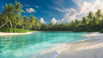 Serene tropical beach scene. Crystal clear water, palm trees, blue sky