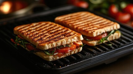 In action, highlighting a compact electric panini press, grilling delicious sandwiches against a rich burgundy backdrop that evokes mouthwatering anticipation.