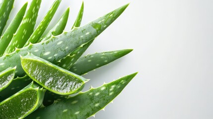 Top view of cut aloe vera leaves arranged on a bright, minimalistic background, with negative space.