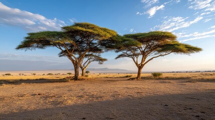 Warm golden sunset light bathing the acacia trees in Amboseli, casting beautiful shadows and transforming the landscape into a peaceful haven, no people.