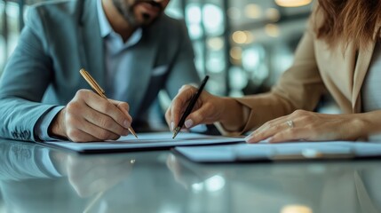 A customer signing an insurance contract in an office, with an agent and a digital tablet displaying policy information