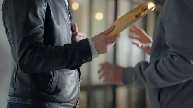 Man discreetly taking out envelope filled with money handing it to another man, who slips it into his jacket. sealing the deal with handshake. Bribery, business deal, or under-the-table agreement.